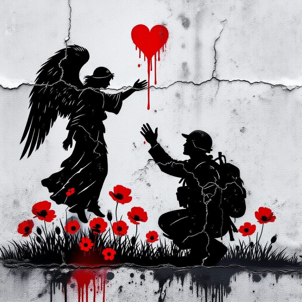 Soldier Reaching for Angel of Death in Stencil Style