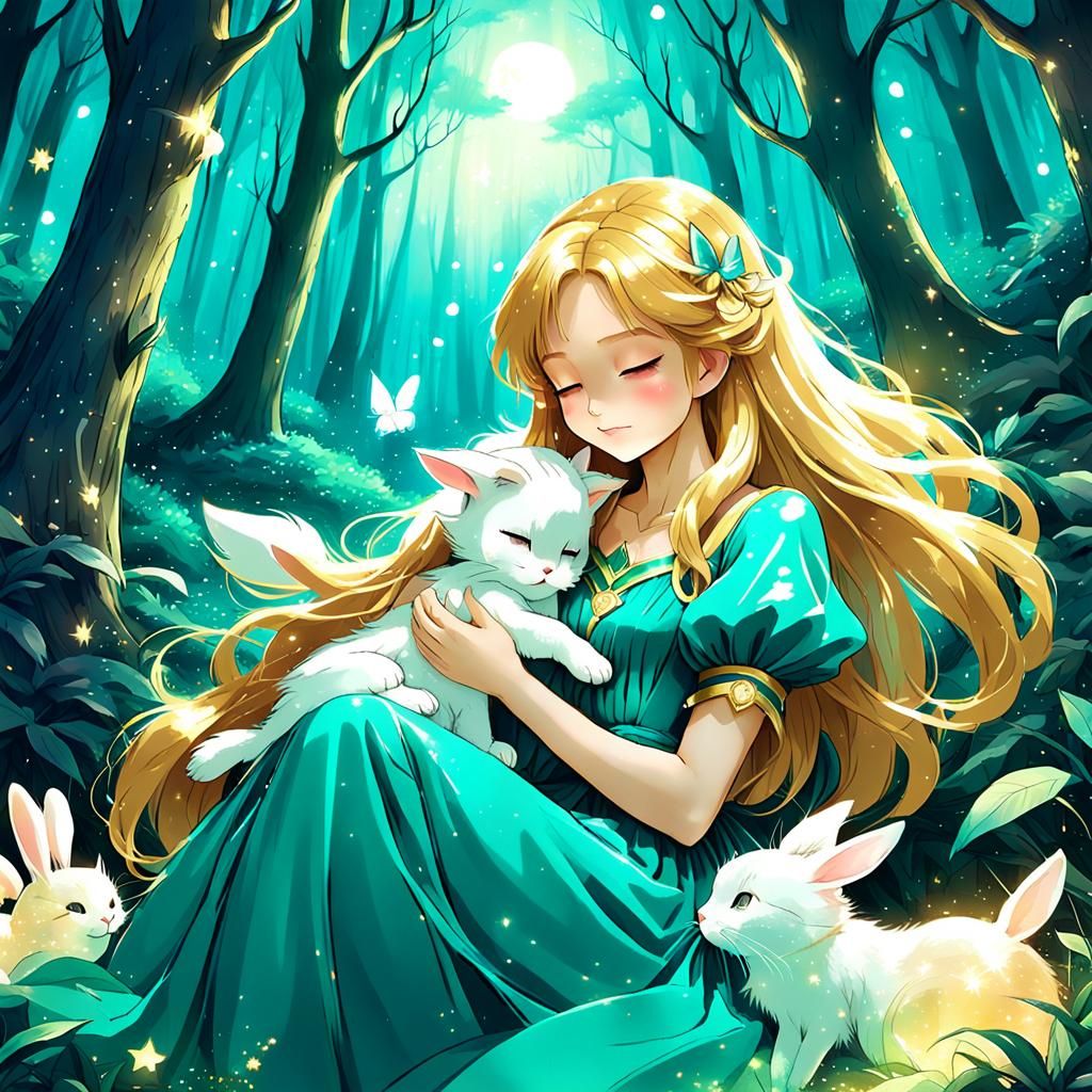 Fairy with Bunny and Kitten in Enchanted Forest