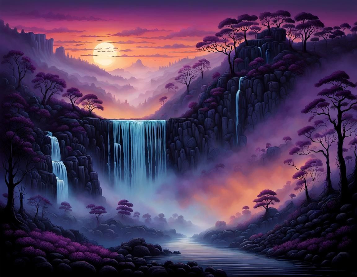 Violet Evening Mist Waterfall: Comic Book Art