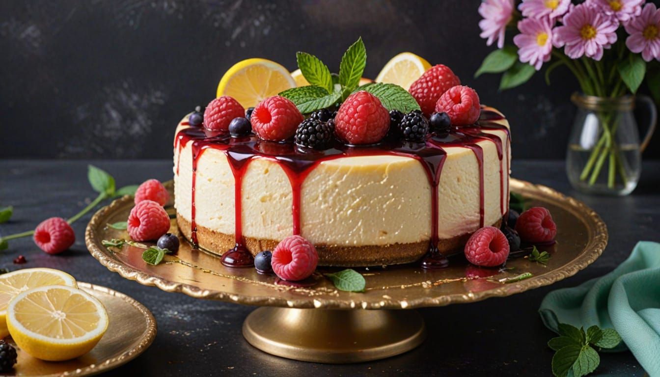 Elegant Lemon Raspberry Cheesecake with Mint and Lavender