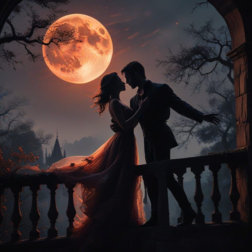 Couple Dancing Under Blood Moon on Castle Balcony