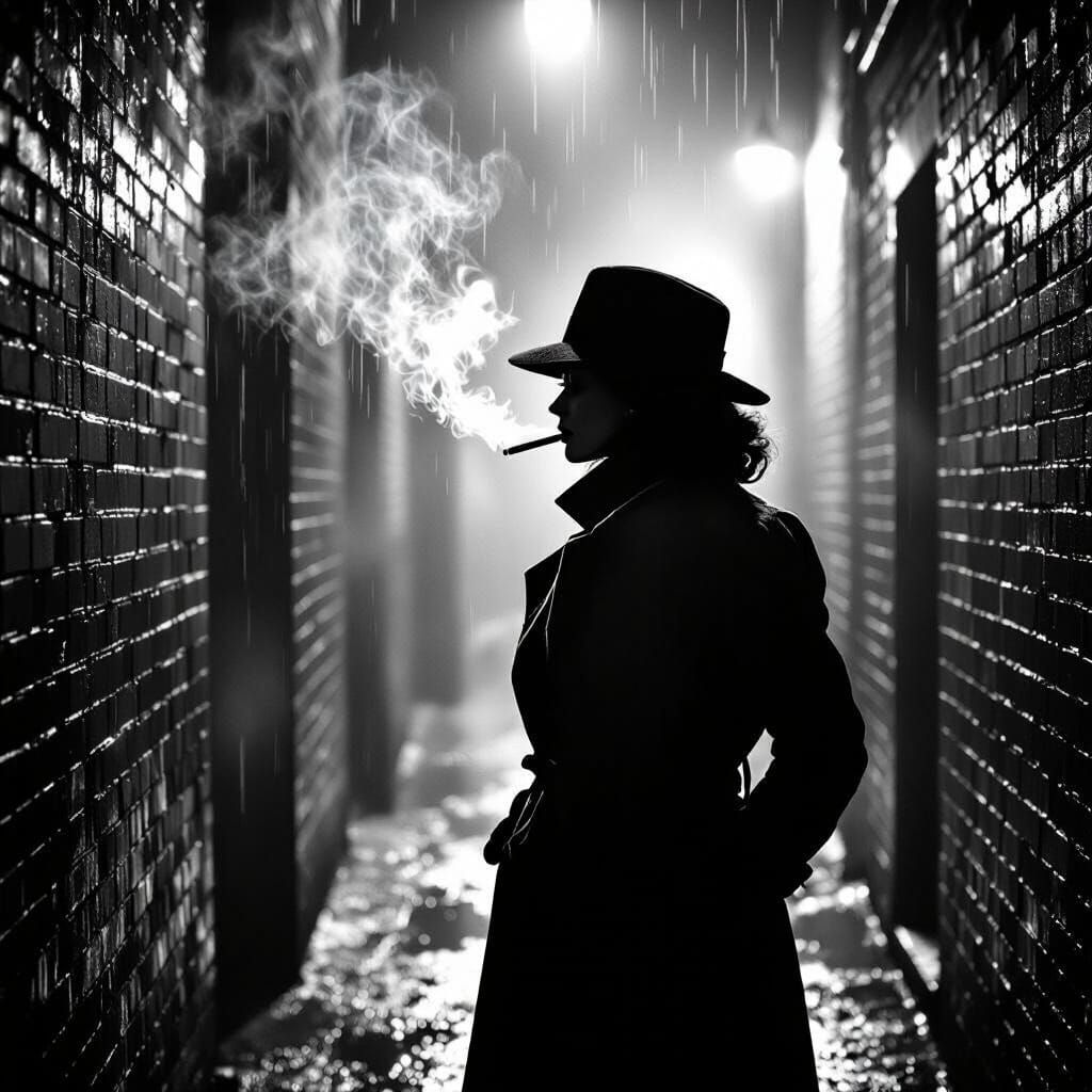 Film Noir Detective in Rain-Soaked Alleyway