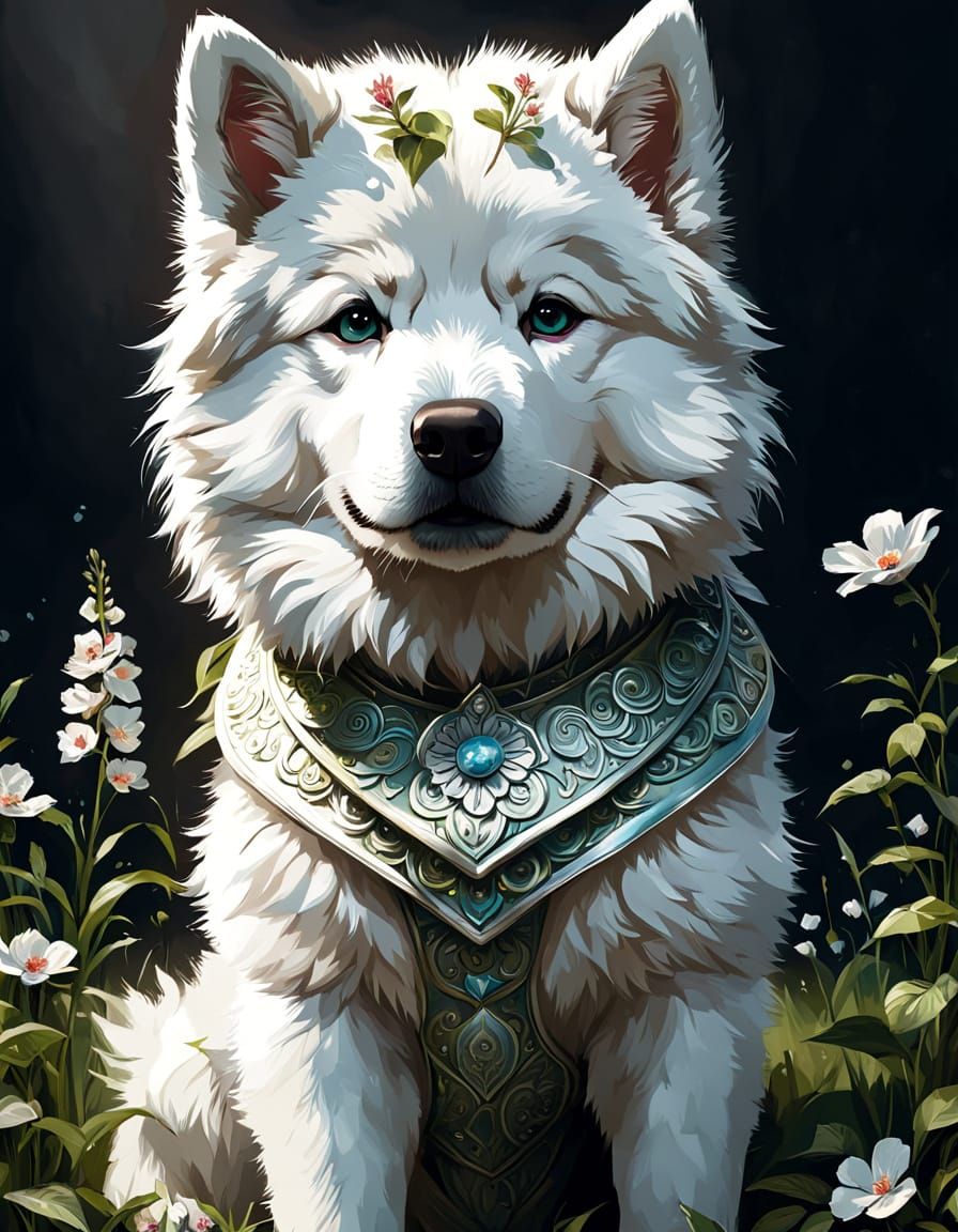 Adorable Alaskan Malamute Puppy in Spring Outfit