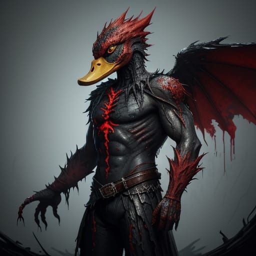 Monstrous Duck Mascot Murderer in Dark Fantasy Art Style