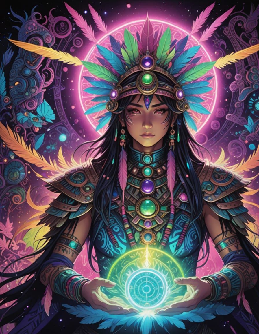 Epic Aztec Fantasy Portrait in Vibrant 80s Anime Style