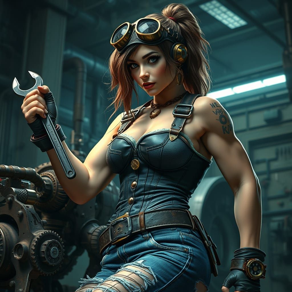 Steampunk Mechanic Working on Gear Robot