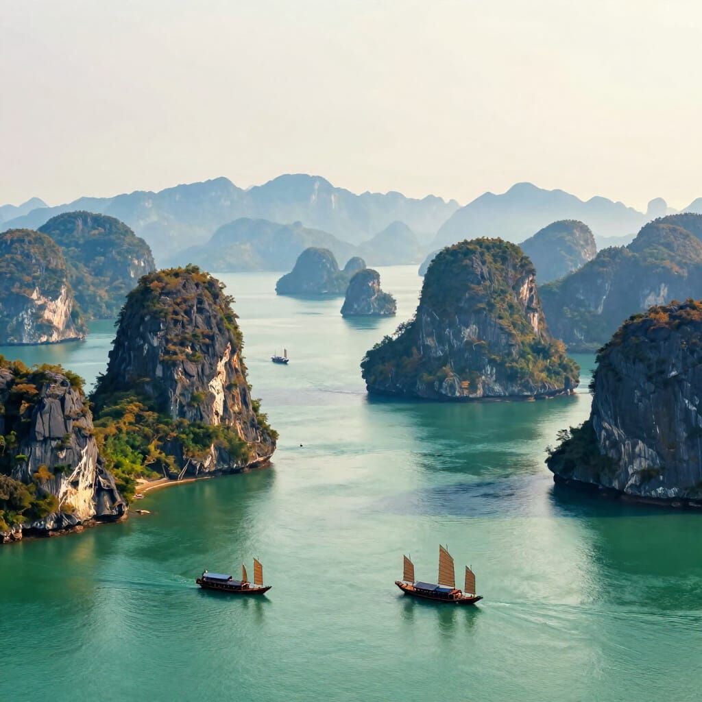 Ha Long Bay Vietnam Panoramic View with Limestone Karsts