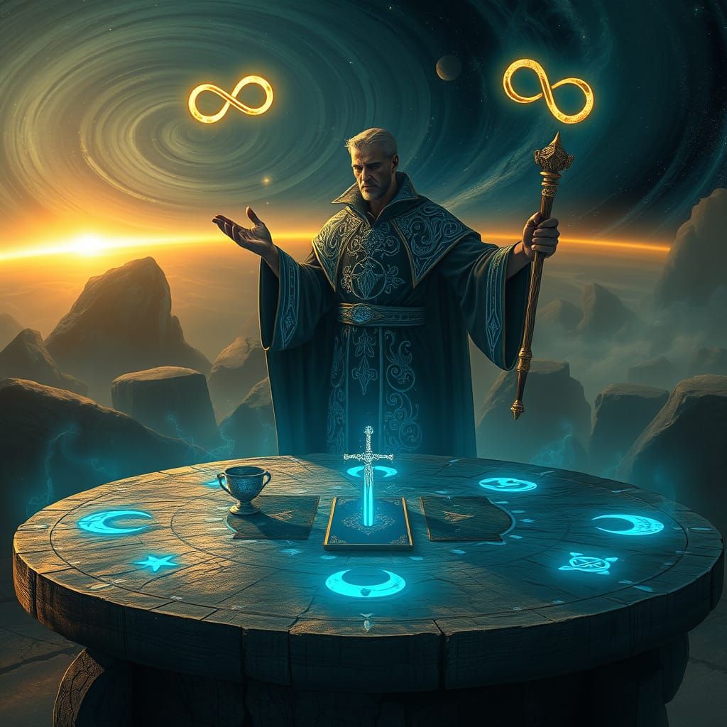 Mystical Magician on Altar with Arcane Symbols