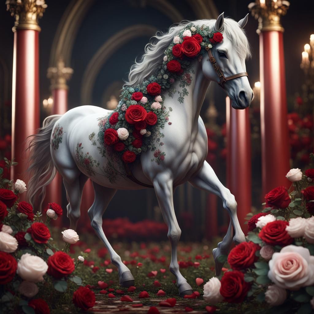 Elegant Horse with Red Roses and Hearts