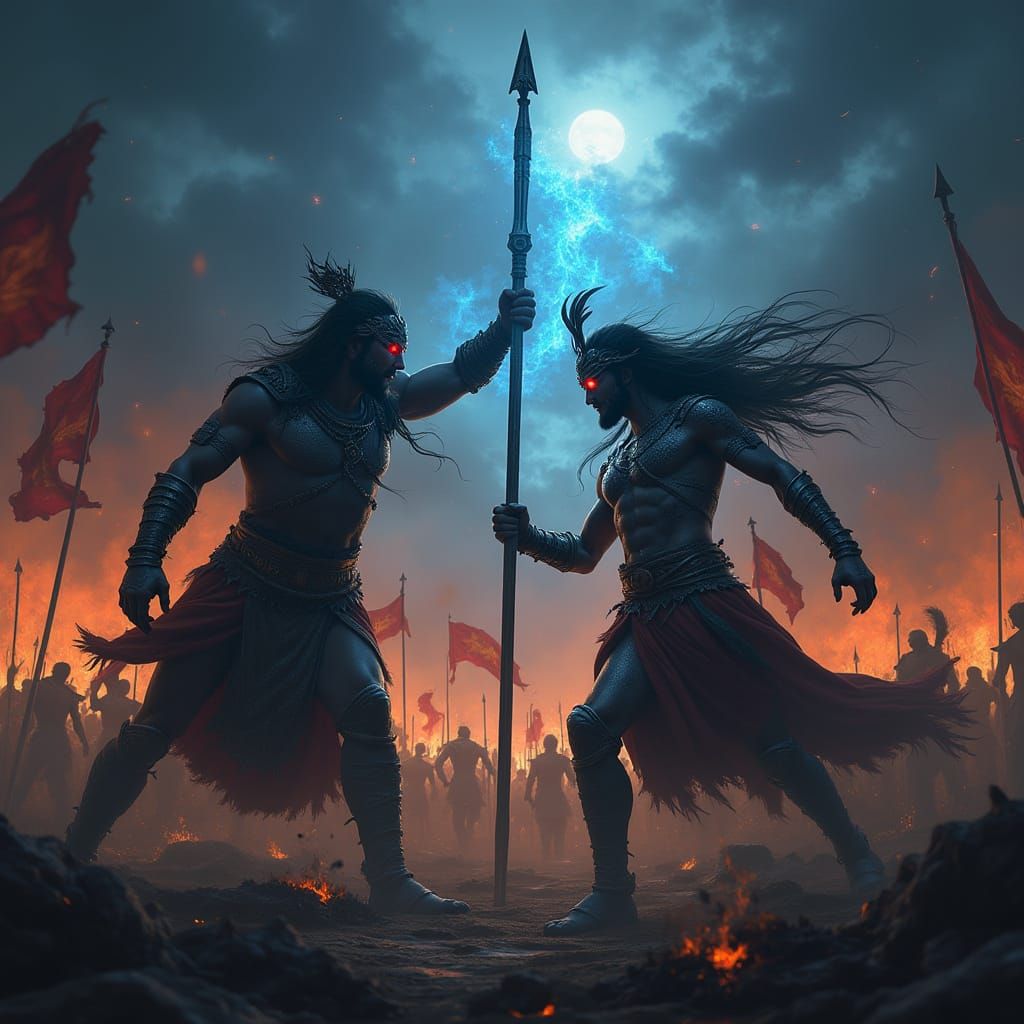 Mythological Battlefield Clash Under Stormy Skies