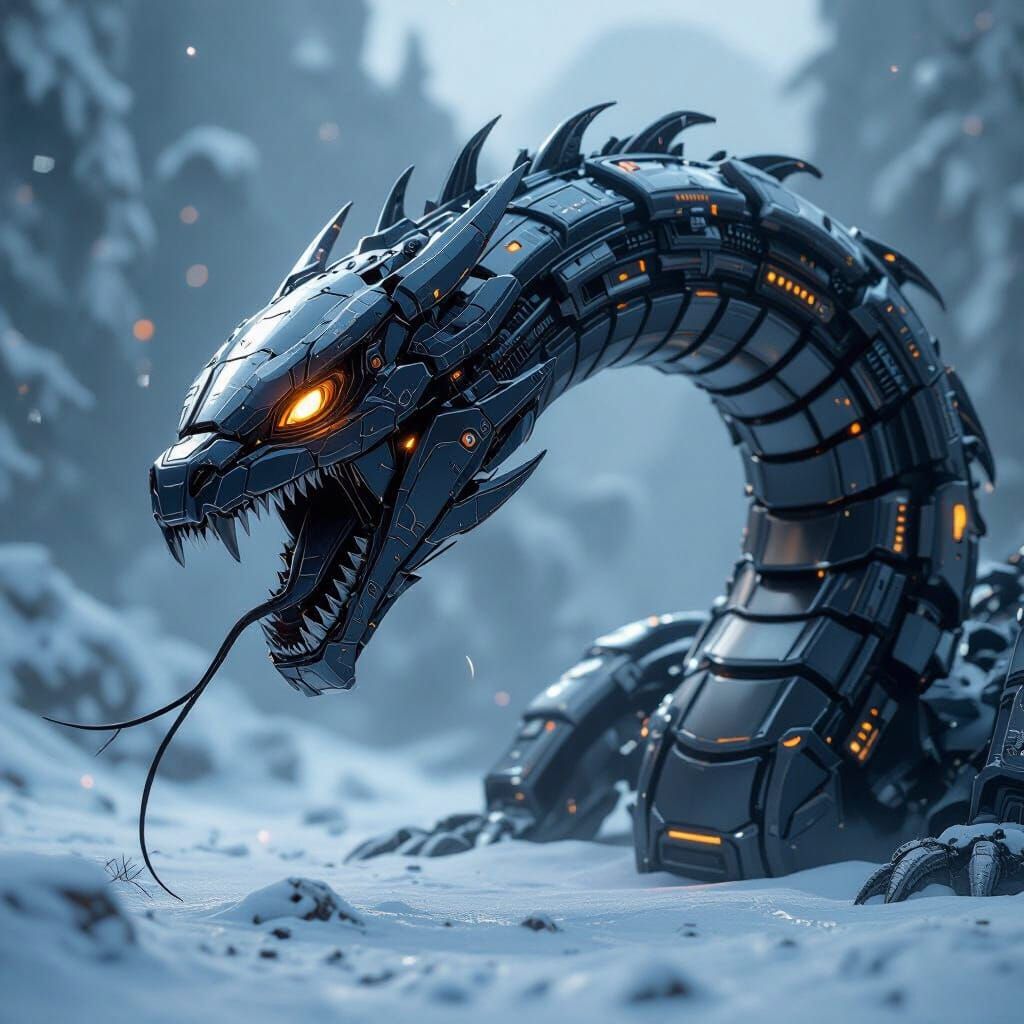 Mechanical Snow Serpent in Sci-Fi Style