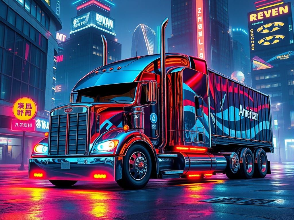A Futuristic American Truck in Whimsical Cyberpunk Style