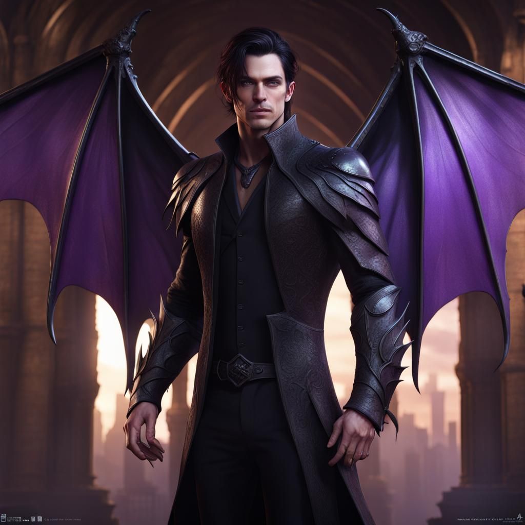 Handsome Man with Bat Wings: Detailed Digital Painting