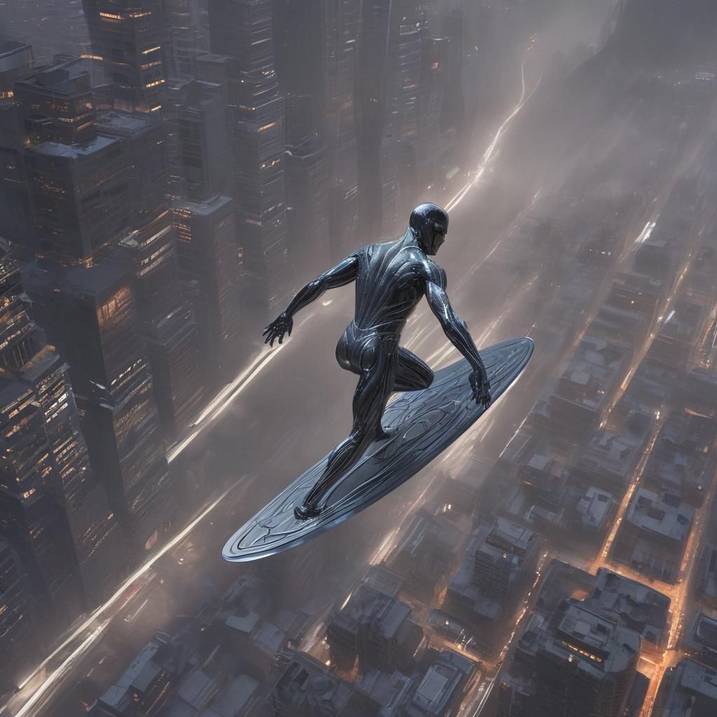 Silver Surfer Soaring Through Misty Cityscape