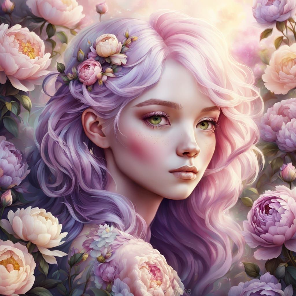 Pastel Haired Woman Surrounded by Roses: Digital Painting