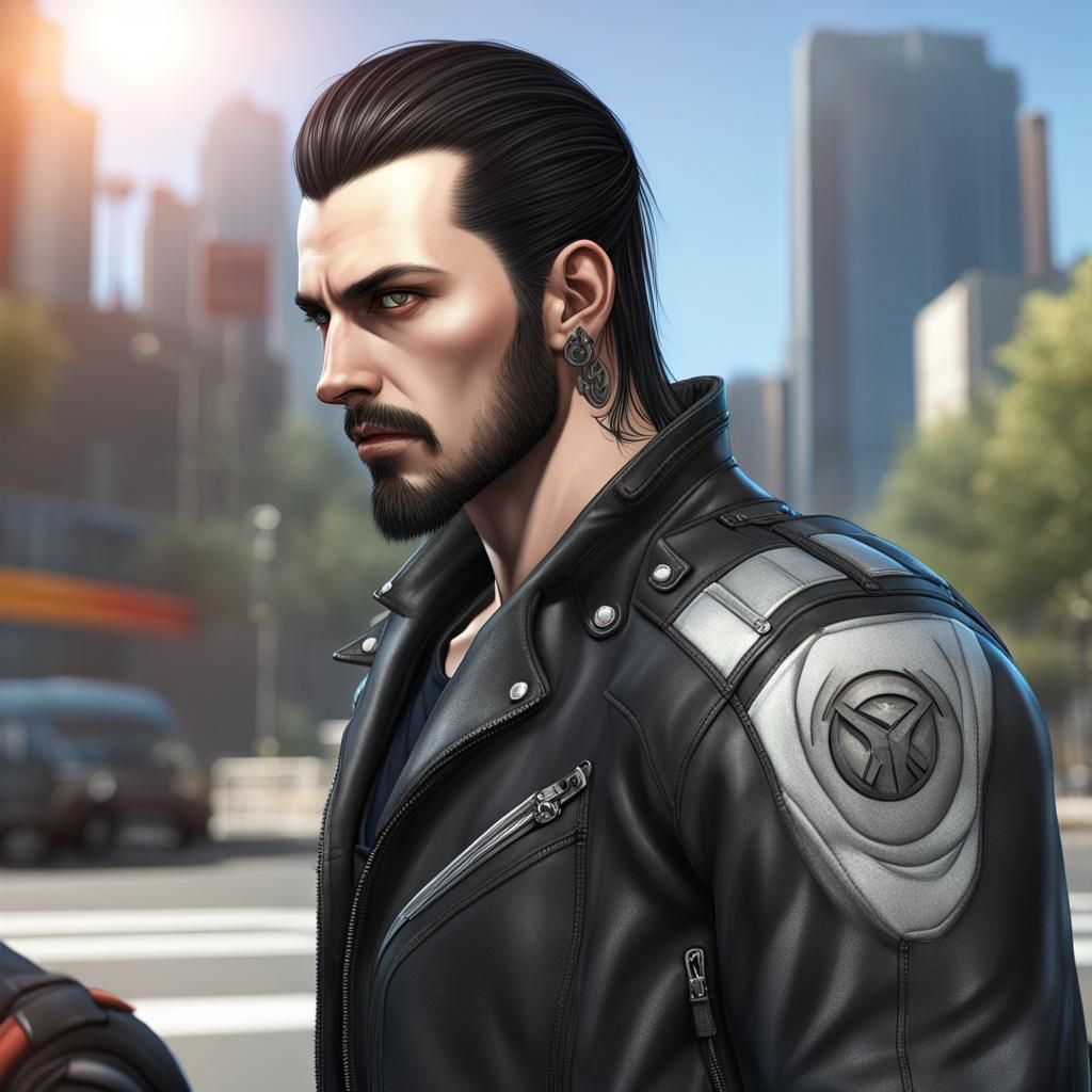 close up of a caucasian goth male, sideburns, dark hair pony...