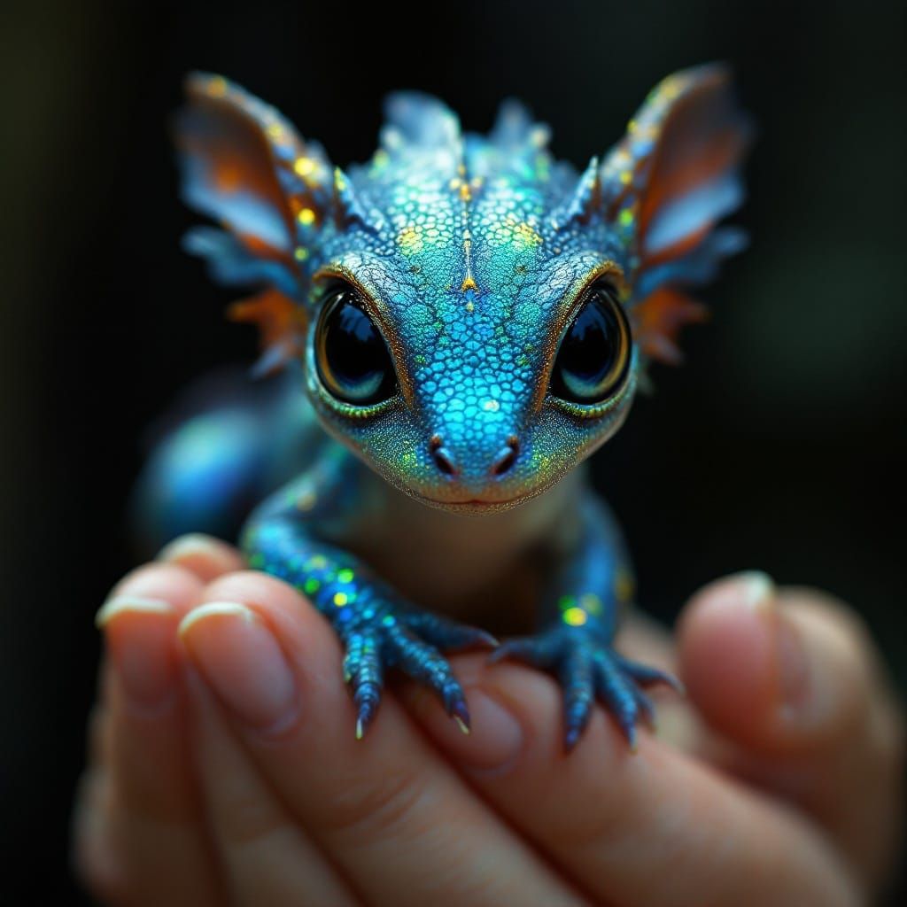Tiny Iridescent Dragon in a Gentle Hand