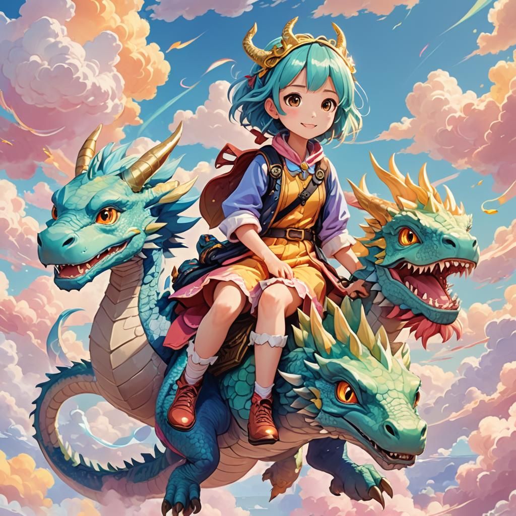 Anime Dragon Rider in Whimsical Landscape
