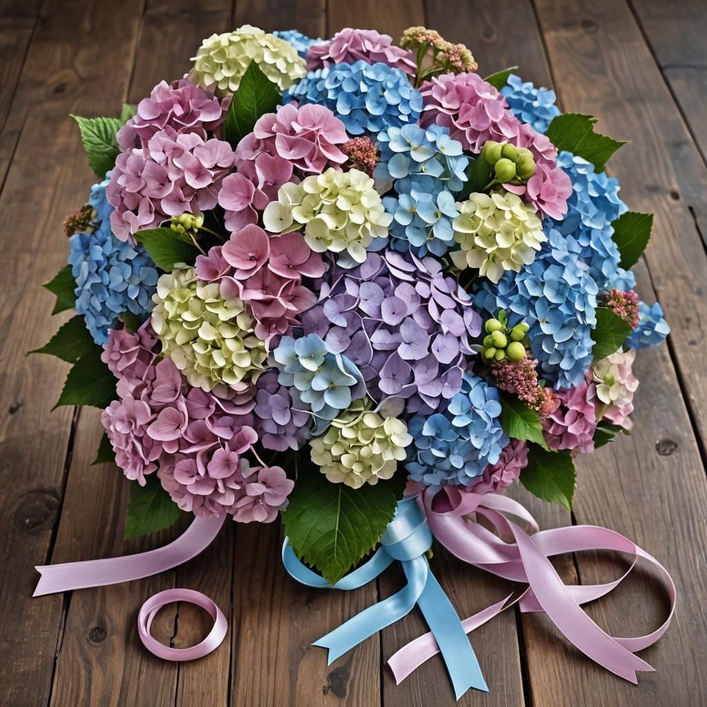Hydrangea Bouquet on Jarrah Table, Hyperrealistic