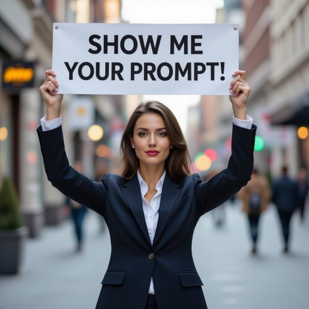 Business Woman Holds "Show Me Your Prompt!" Banner