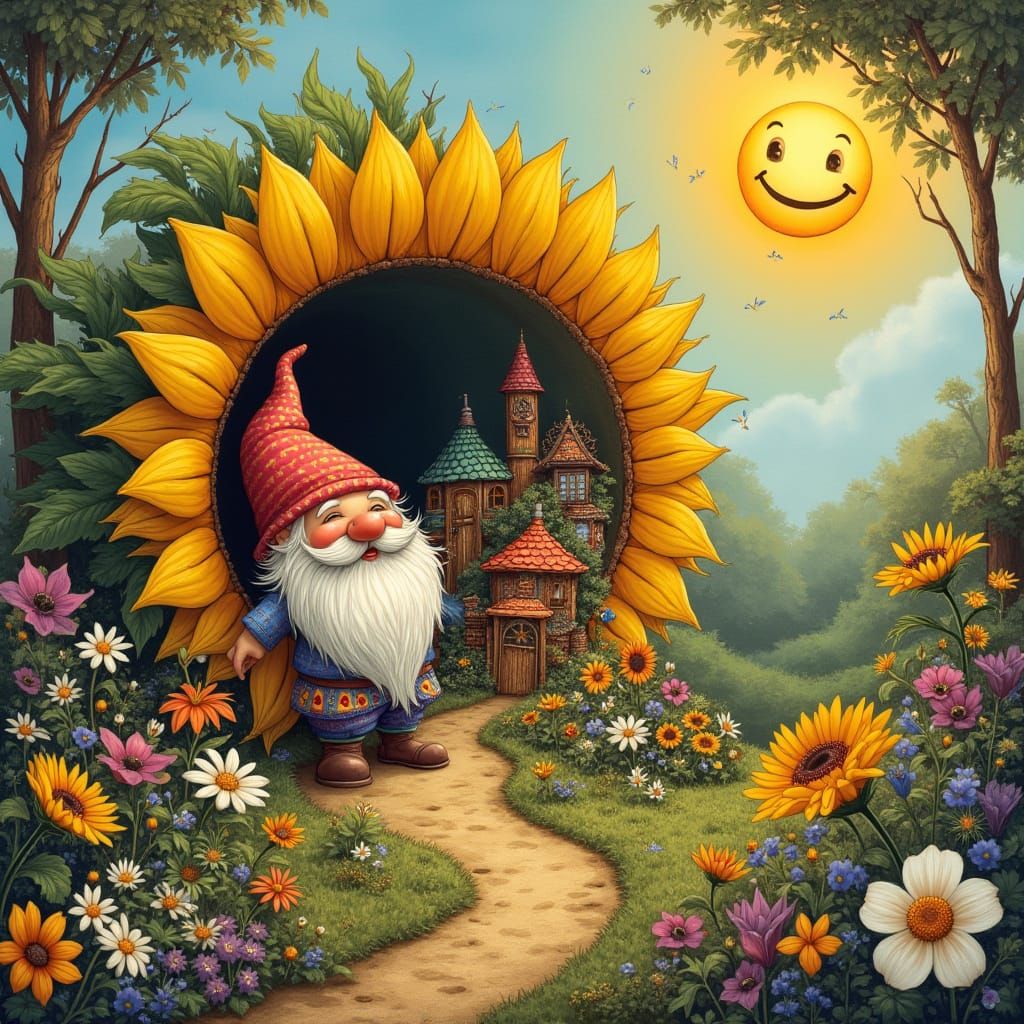 Hippie Gnome's Whimsical Village in Giant Sunflower