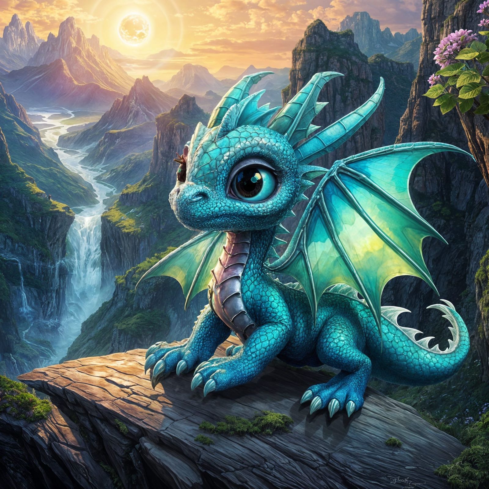 Luminous Baby Dragon on Cliff Edge