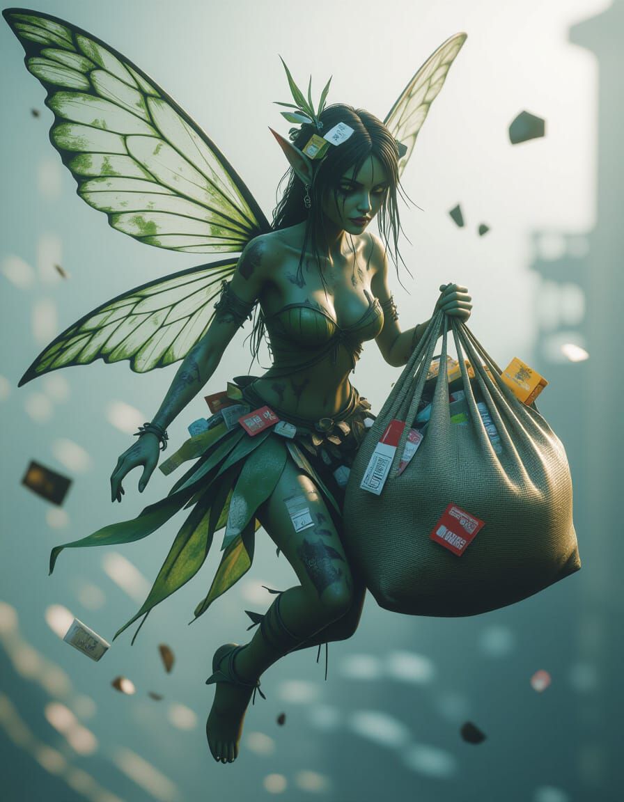 Grimy Garbage Fairy in Flight: Dark Fantasy Concept Art