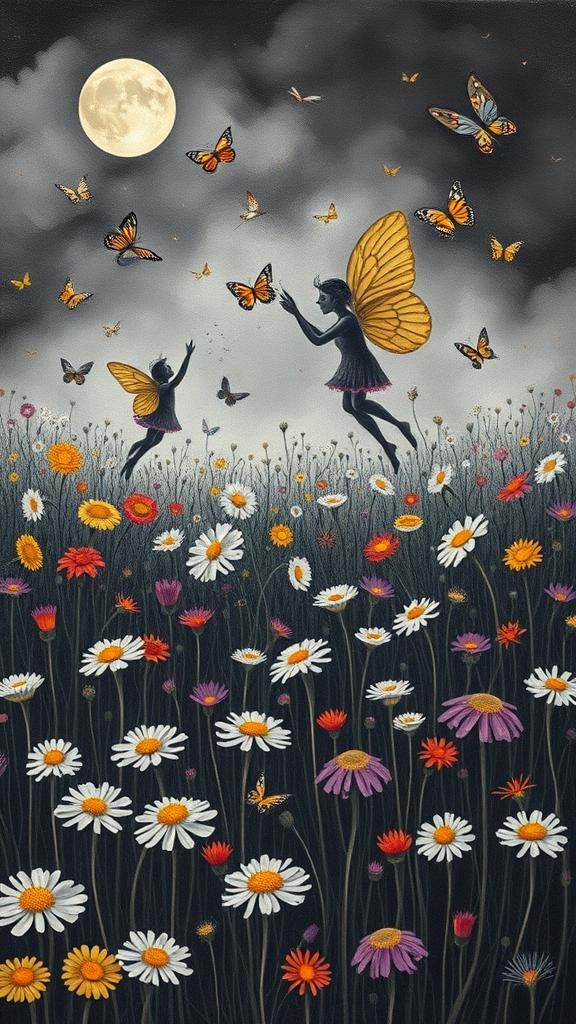 Fairies in Dandelion Dreamscape, Abstract Art Style
