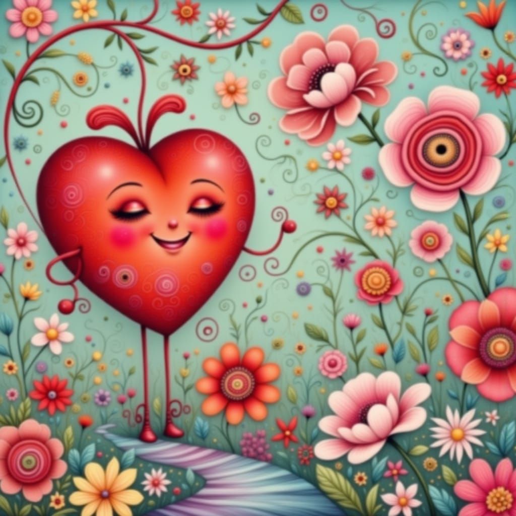Whimsical Heart Character in Floral Wonderland