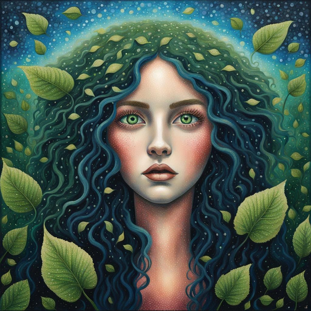 Fairy in Pointillist Oil Painting with Lace Wings