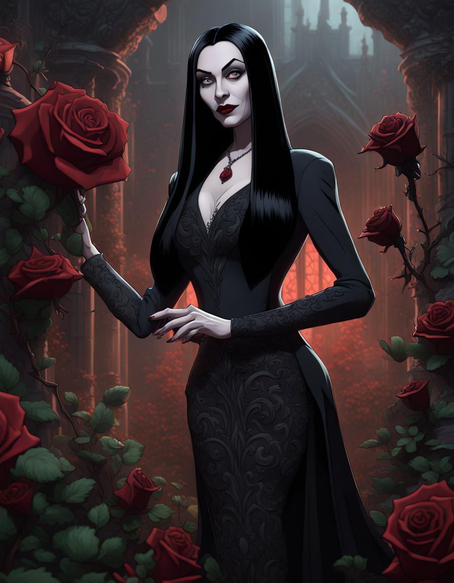 Morticia Addams Cuts Roses: Dark Fantasy Cartoon Art