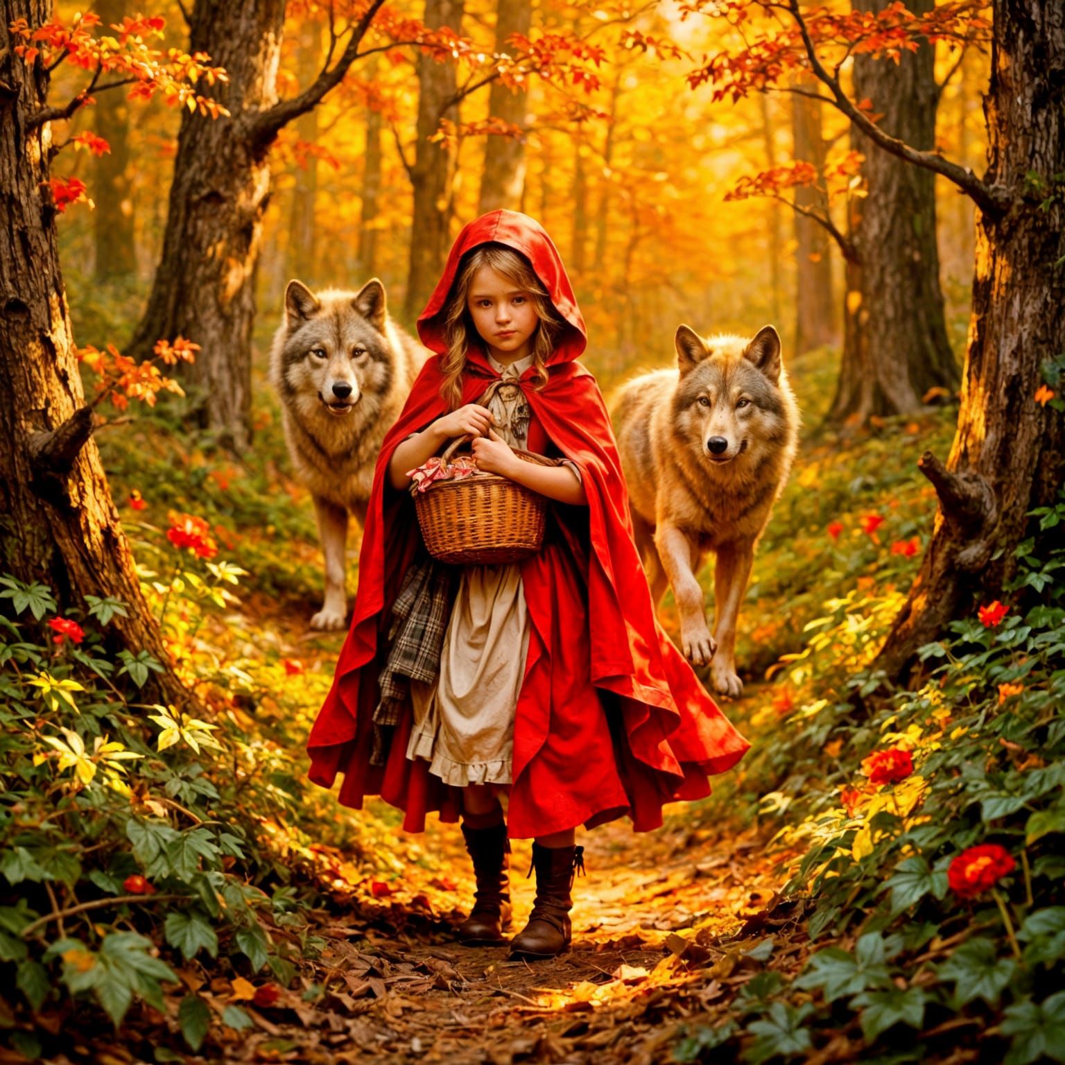 Red Riding Hood in Snowy Forest Impasto Painting