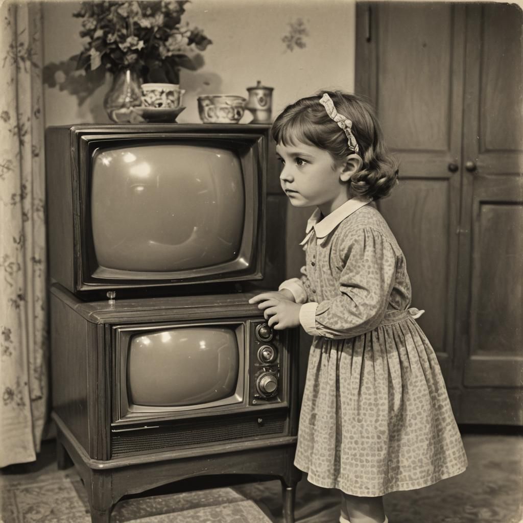 Girl Watches Old Television with Wonder