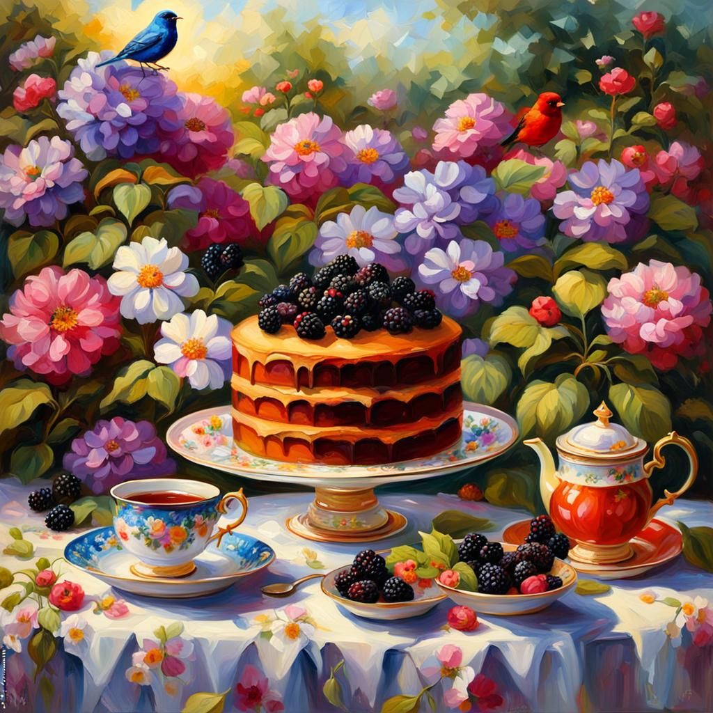 Hyperrealistic Blackberry Cake in Flower Garden