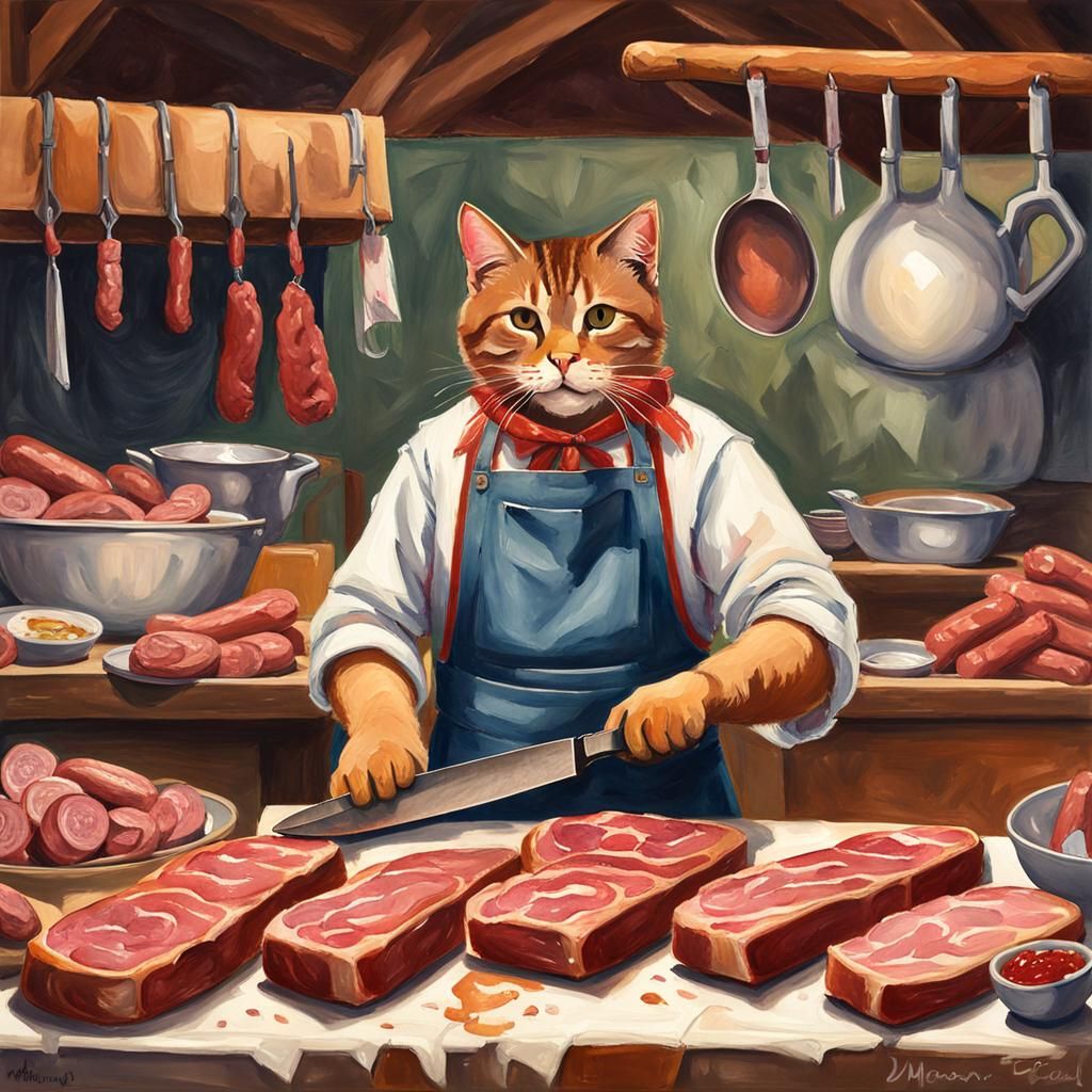 Butcher Cat Prepares Steaks: Gouache Impressionist Painting