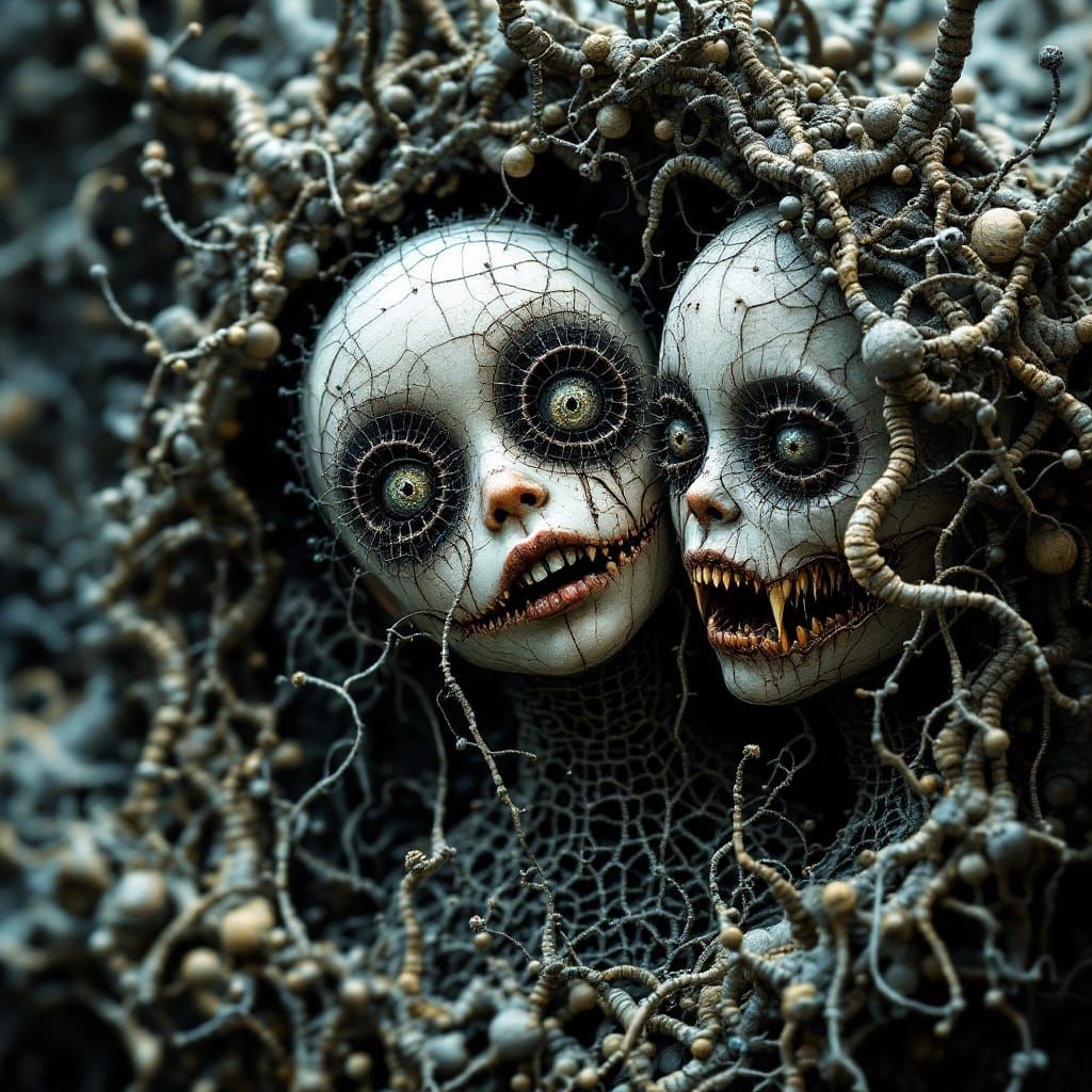 Creepy Ceramic Dolls in Wireframe Fractal Art