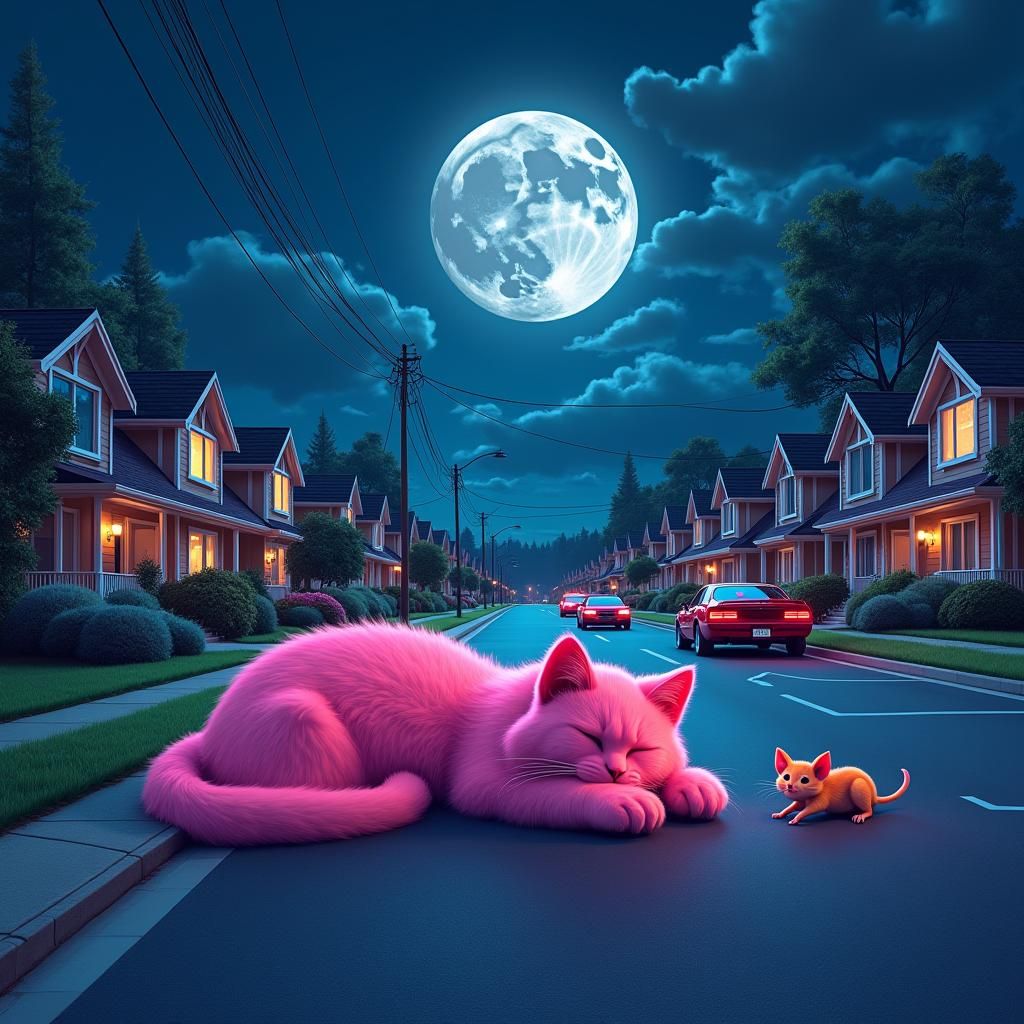Pink Cat Car Sleeps Under Feline Moon