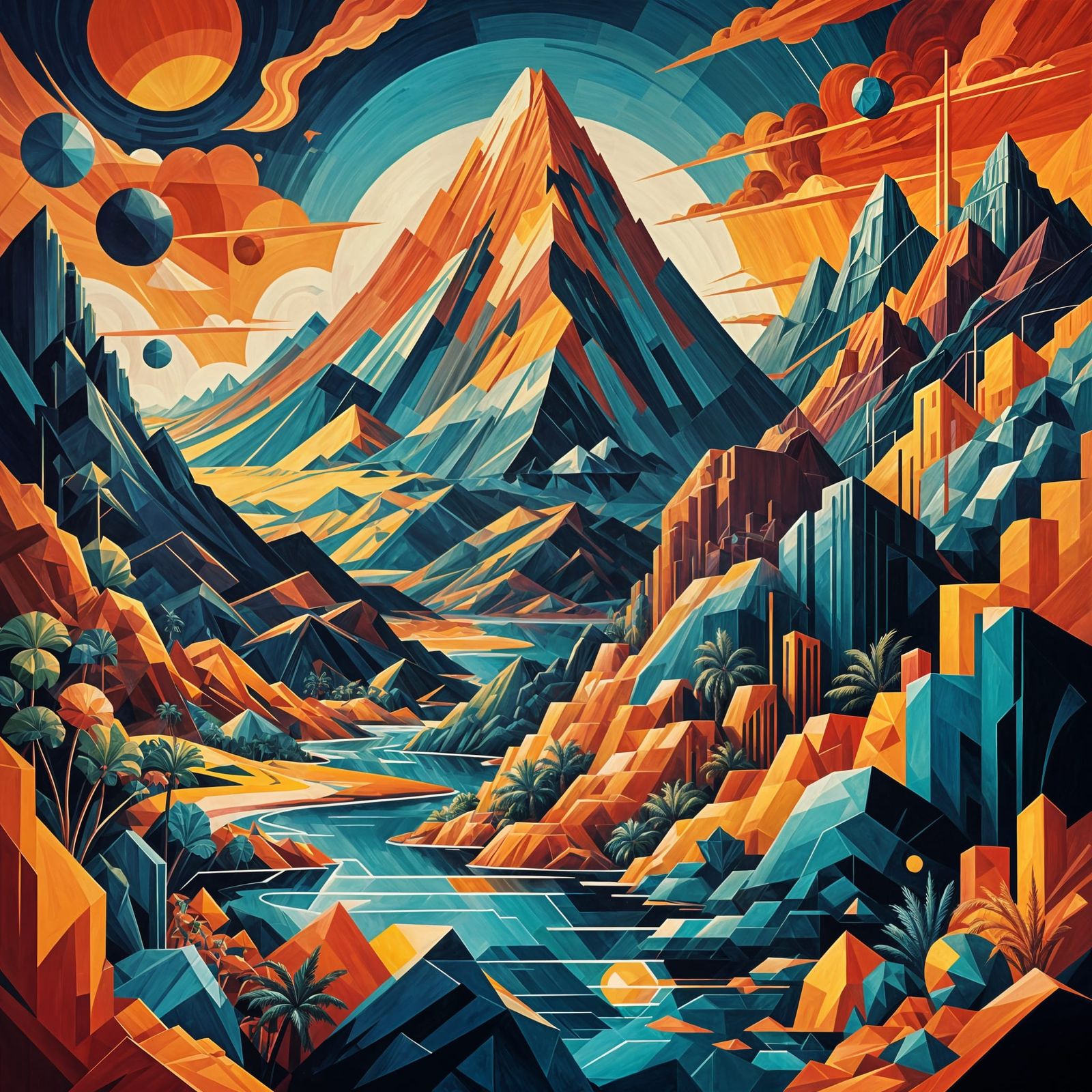 Angular Cubist Landscape with Geometric Forms