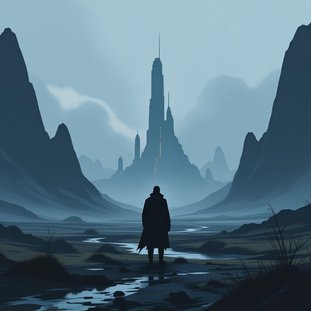 Dystopian Future: Lone Figure in Dramatic Landscape