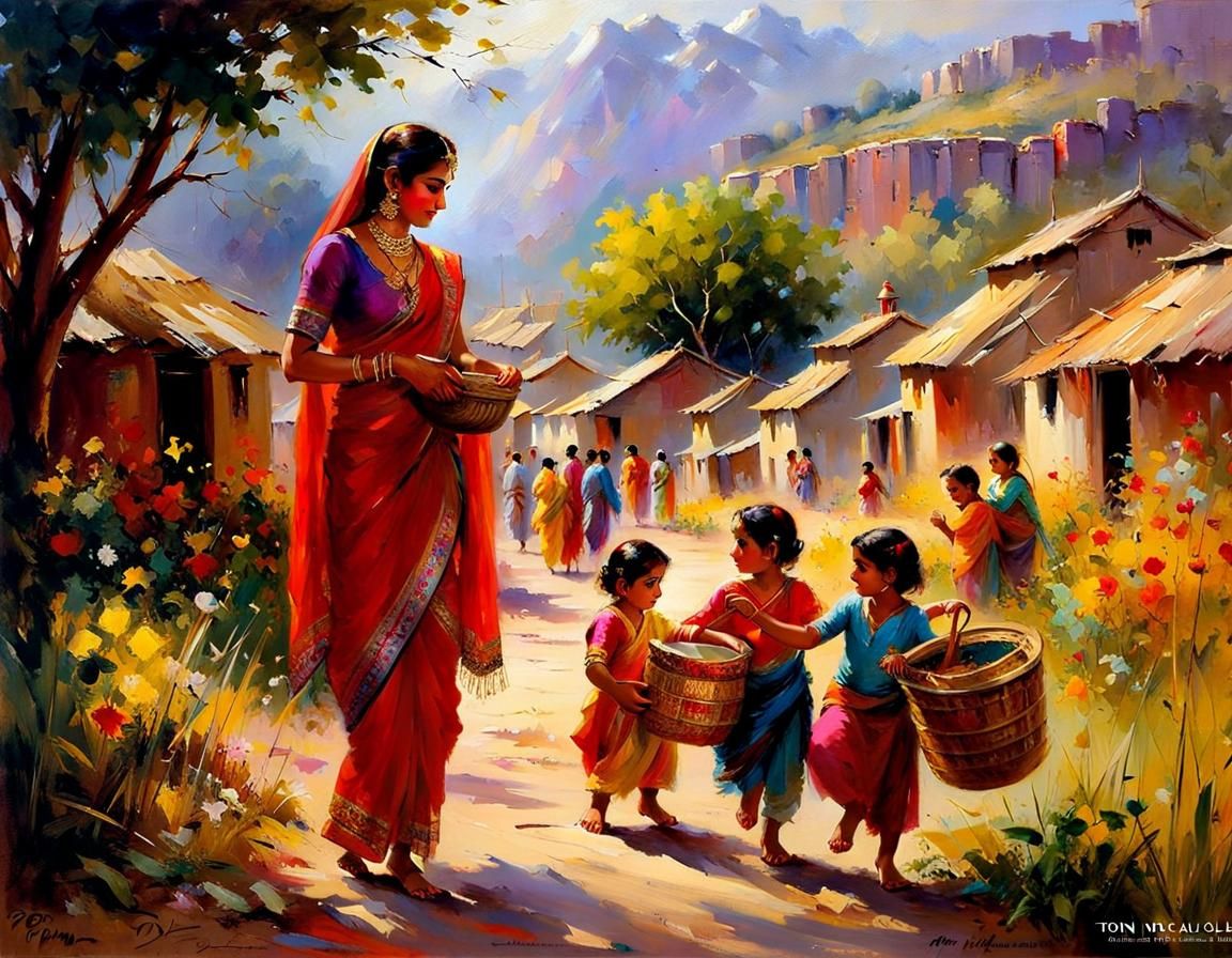 Indian Village Life in Mountains, Impressionistic Style