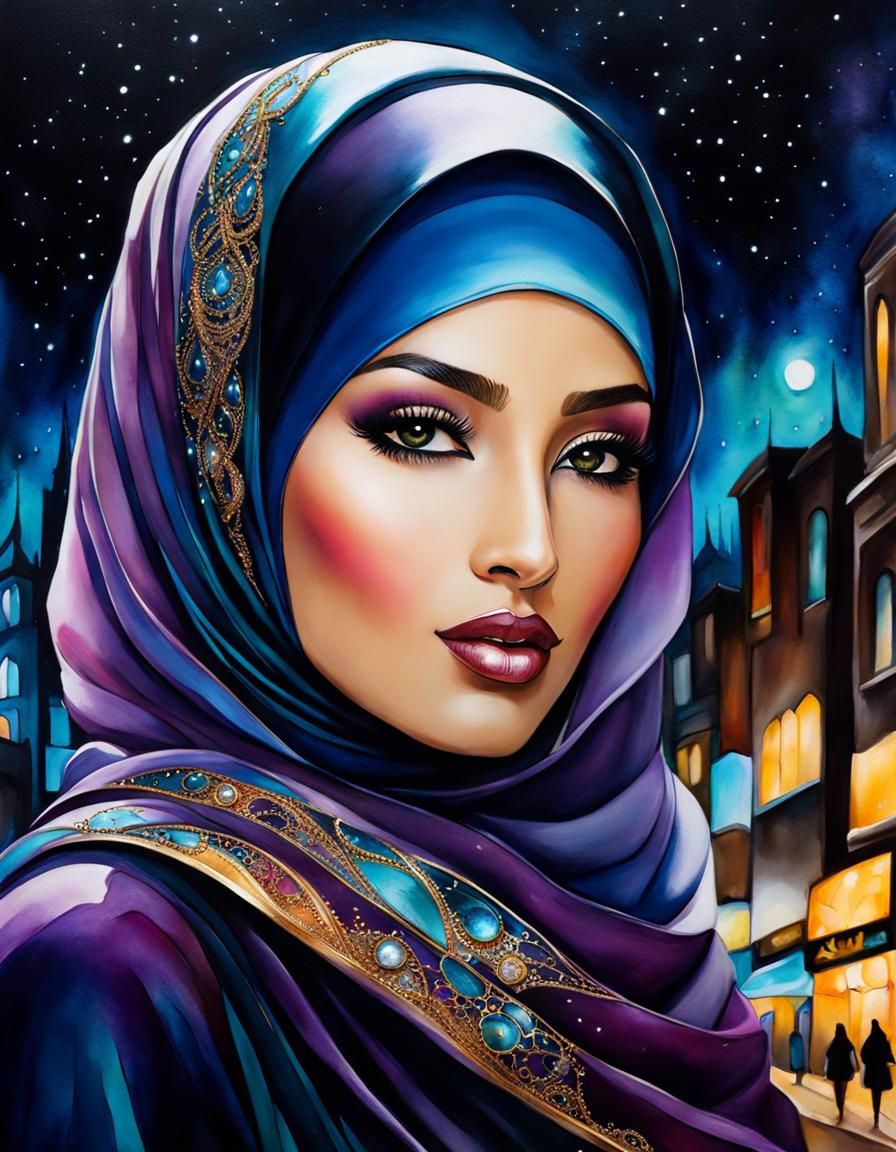 Hypernatural Hijabi Woman in Alcohol Ink Style