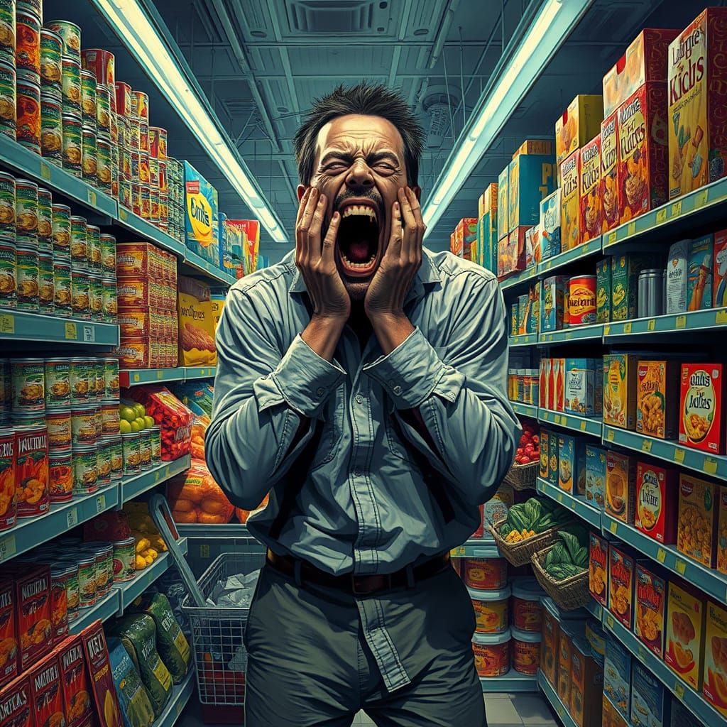 Distraught Man Scream in a Grocery Store Scene, in a Cyberpu...