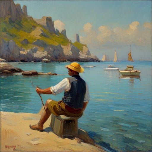 French Coast Sailboat Painting in Golden Age Style