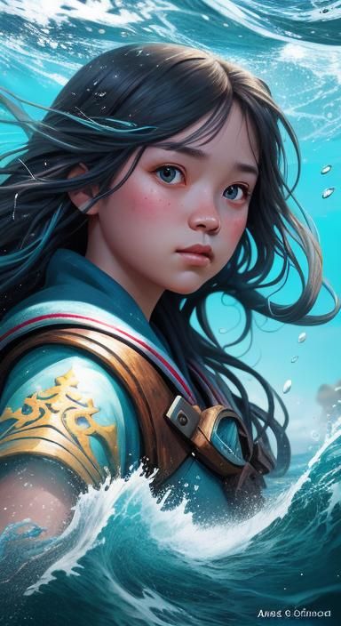 Cute Cartoon Little Girl of the Sea in Splash Art