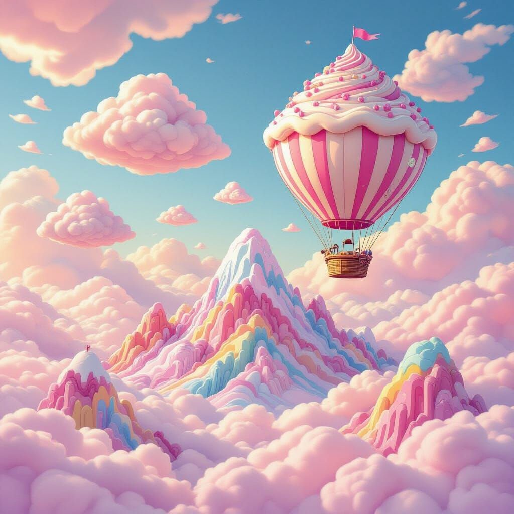 Surreal Candy Landscape with Cupcake Hot Air Balloon