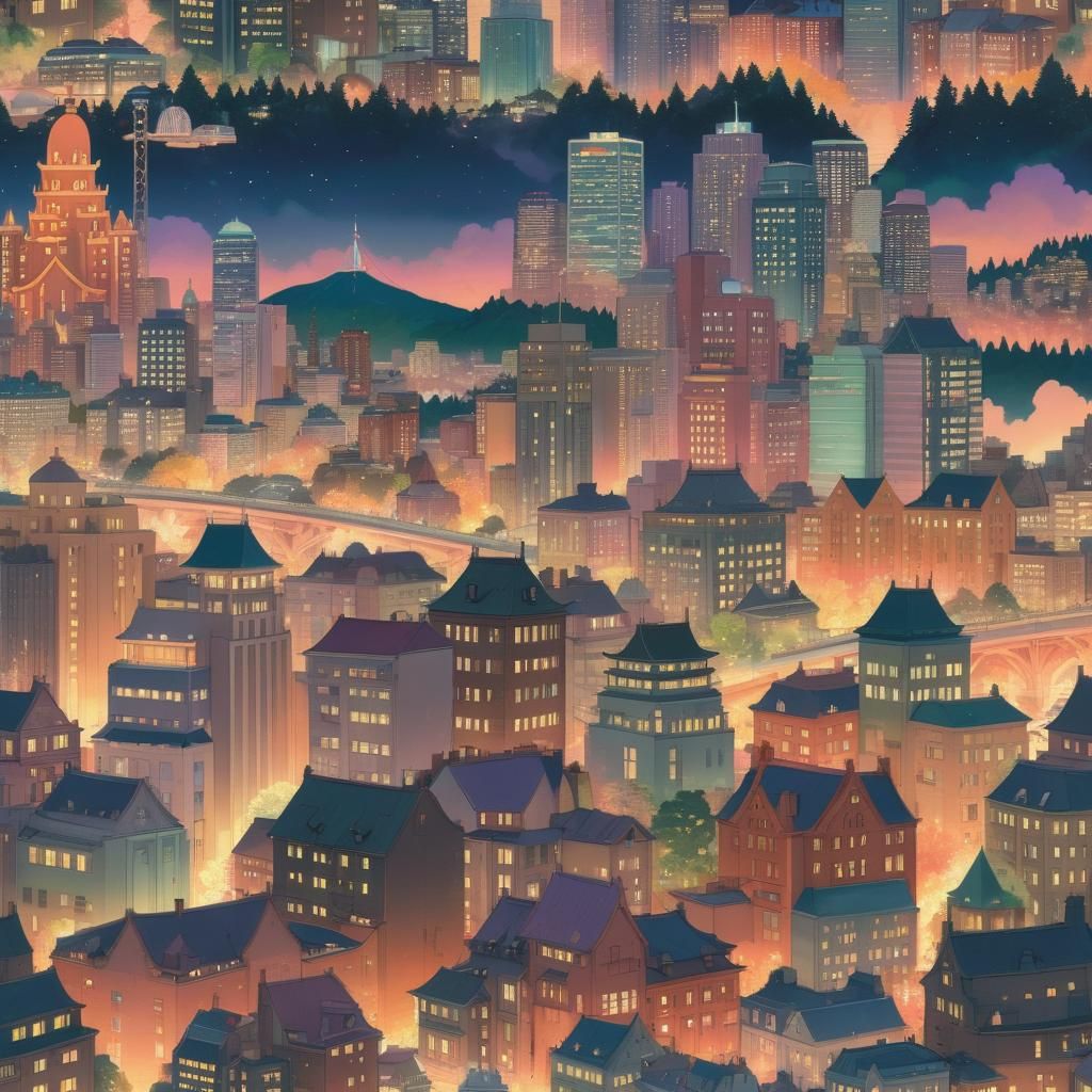 Portland Skyline in Studio Ghibli Anime Style