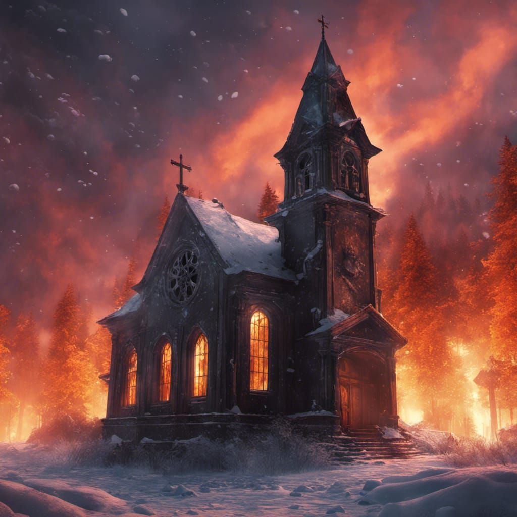 Sunset Shimmer in Abandoned Church, Matte Painting