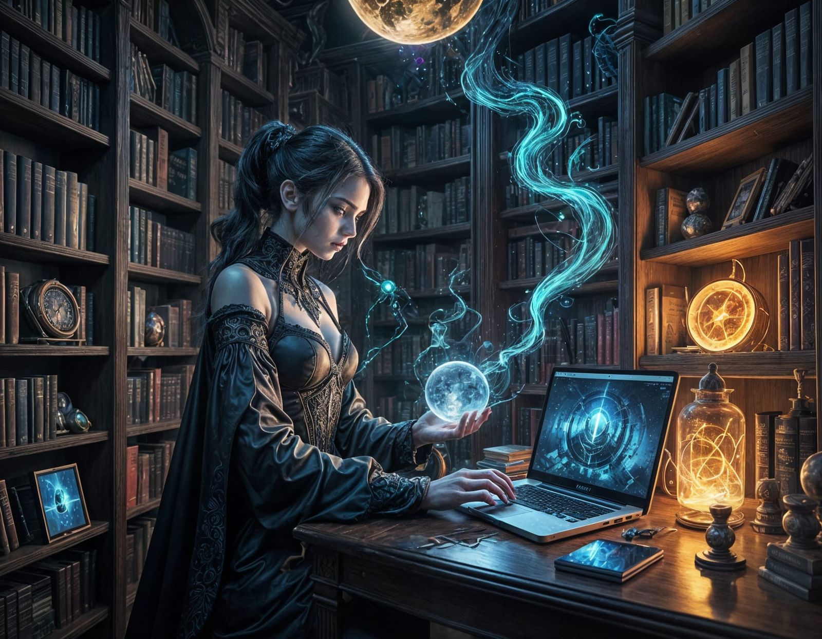 Ethereal Vampire Conjurer in a Futuristic Sanctum