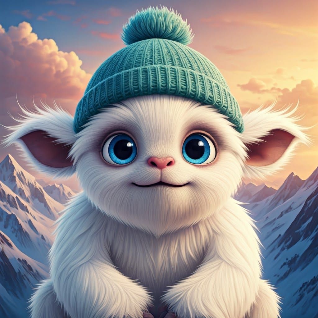 Pixar-Style Baby Yeti in Snowy Mountain Landscape