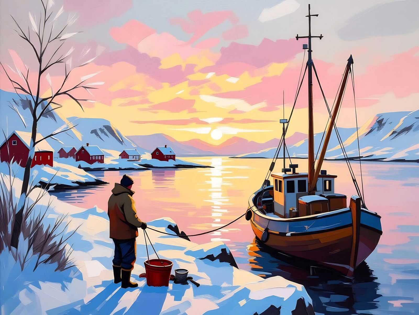 Norwegian Fisherman Prepares Ship in Winter Sunrise